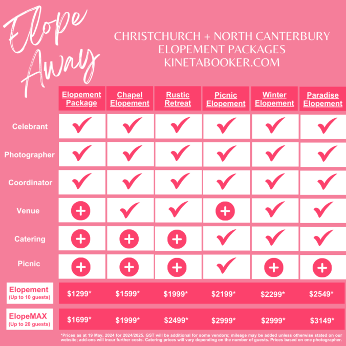 Pricing for Christchurch and North Canterbury Elopements